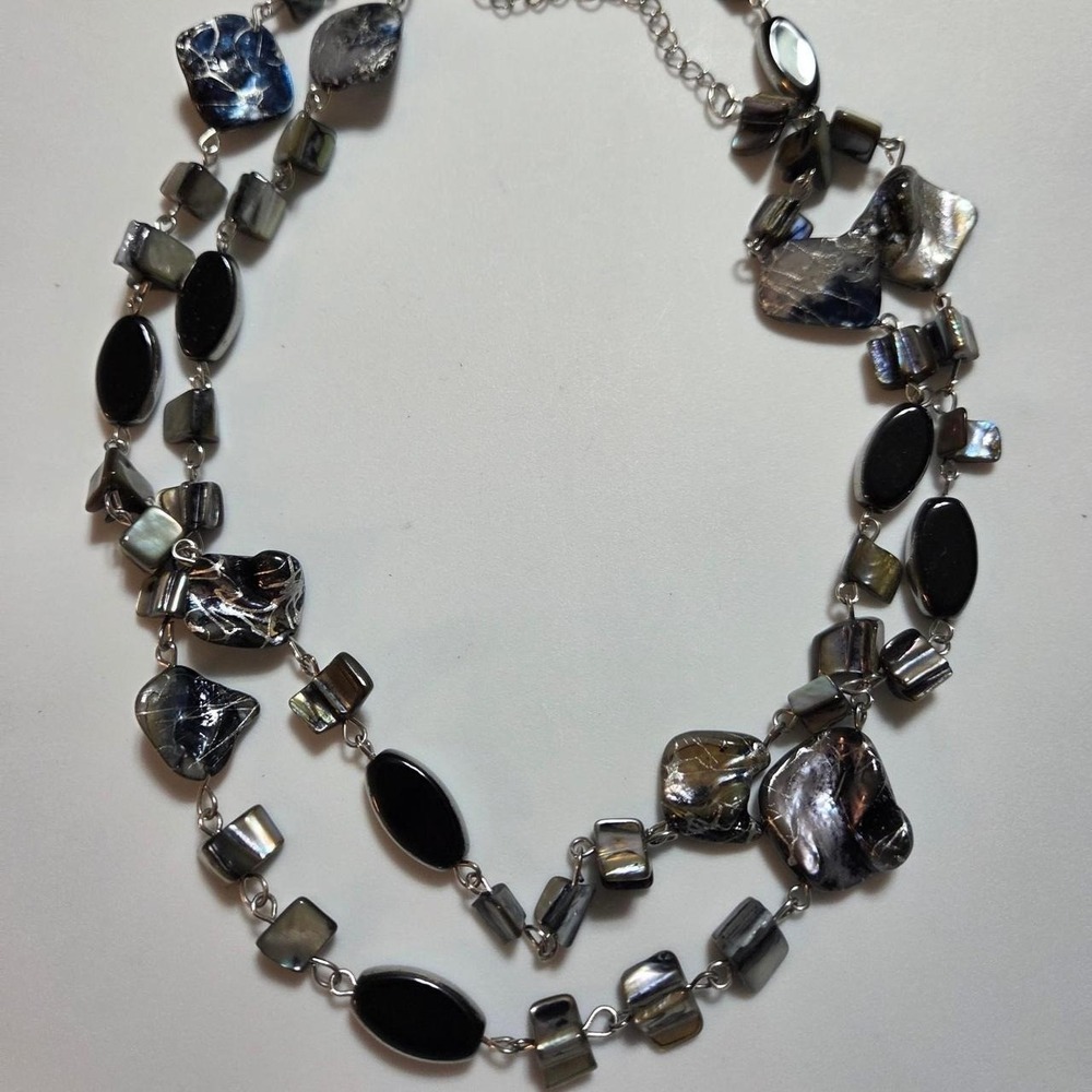 Black Iridescent Beaded Statement Necklace 30" Silver Tone Boho Mixed Beads